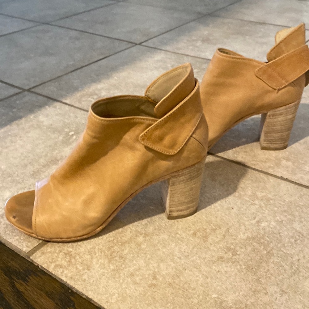 Real leather open toe shoe or bootie with approx. 3” heel. Made in Italy.